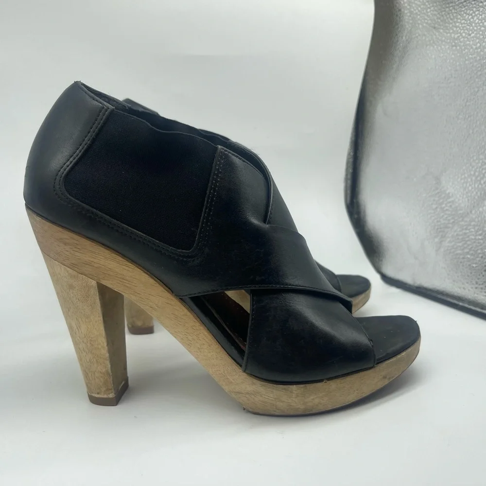 Theory Shoes Heels Black Leather Wrap Wooden Wood Heeled Sandals Size 8 Womens